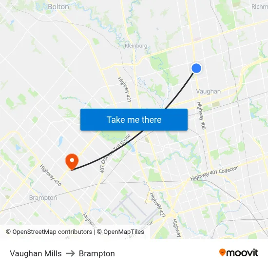 Vaughan Mills to Brampton map
