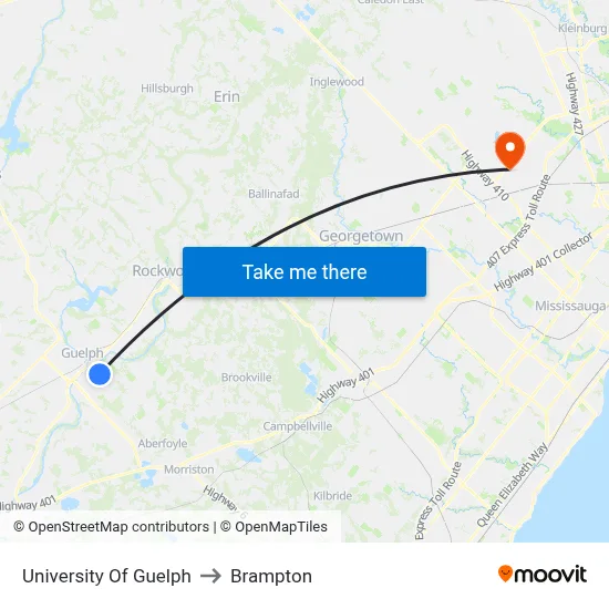 University Of Guelph to Brampton map
