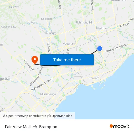 Fair View Mall to Brampton map