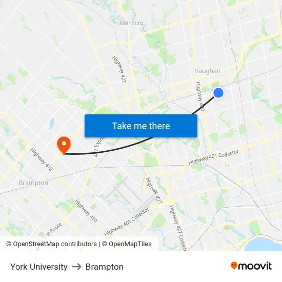 York University to Brampton map