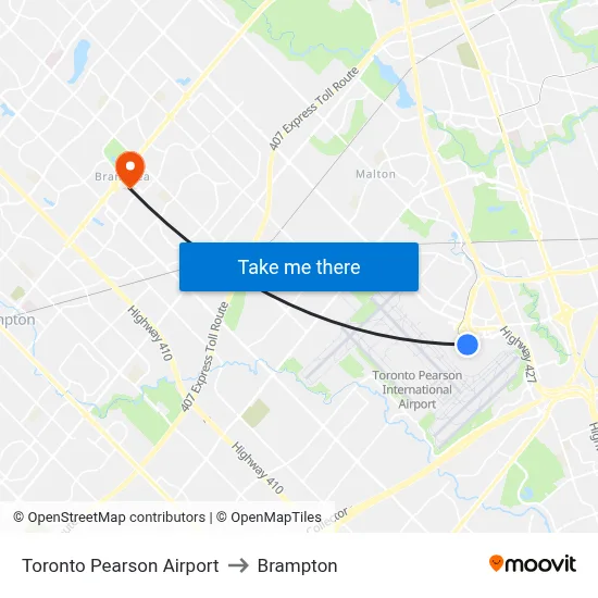 Toronto Pearson Airport to Brampton map