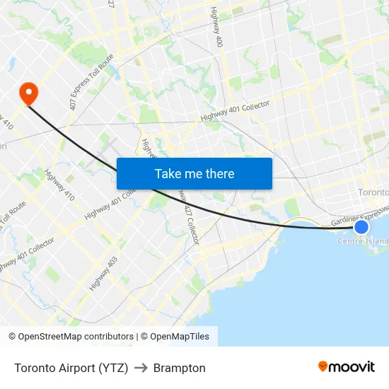 Toronto Airport (YTZ) to Brampton map
