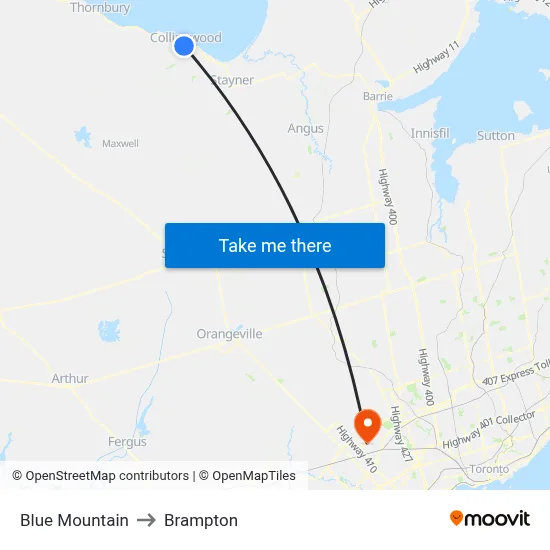 Blue Mountain to Brampton map