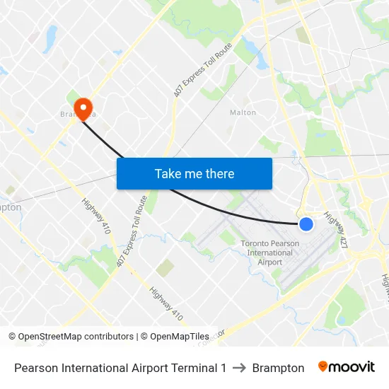 Pearson International Airport Terminal 1 to Brampton map