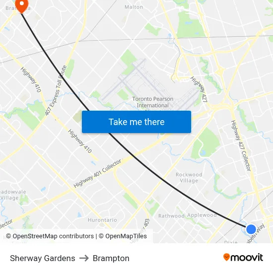 Sherway Gardens to Brampton map