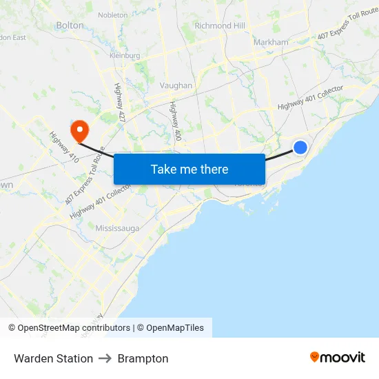Warden Station to Brampton map