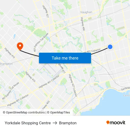 Yorkdale Shopping Centre to Brampton map