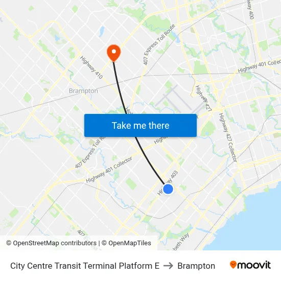 City Centre Transit Terminal Platform E to Brampton map