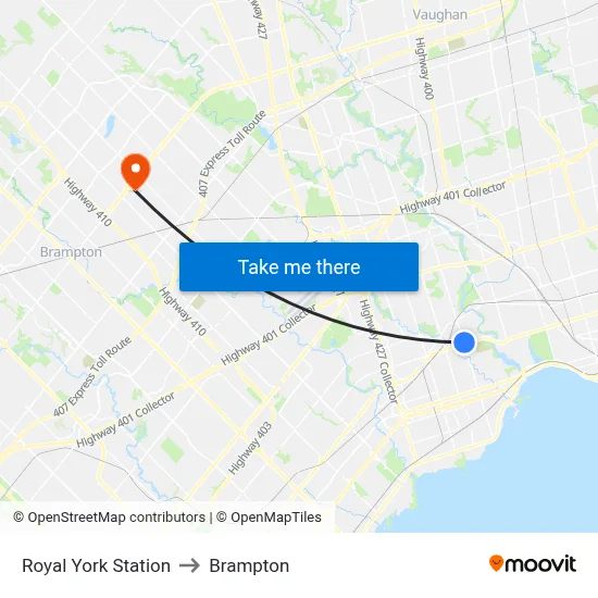 Royal York Station to Brampton map