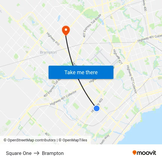 Square One to Brampton map