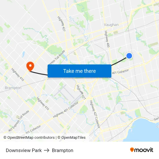 Downsview Park to Brampton map