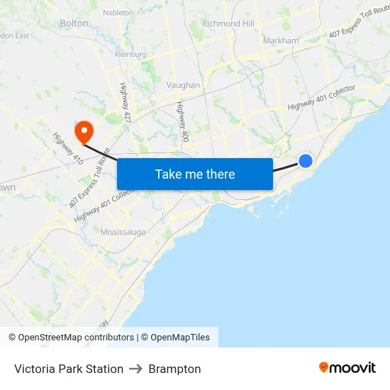 Victoria Park Station to Brampton map