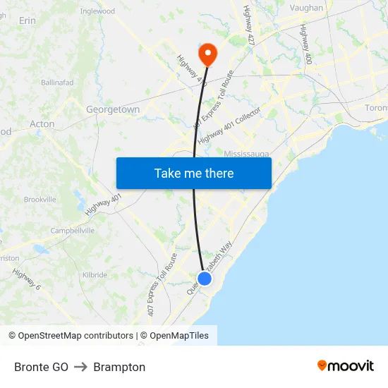 Bronte GO to Brampton map
