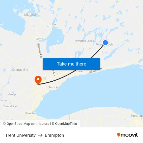 Trent University to Brampton map