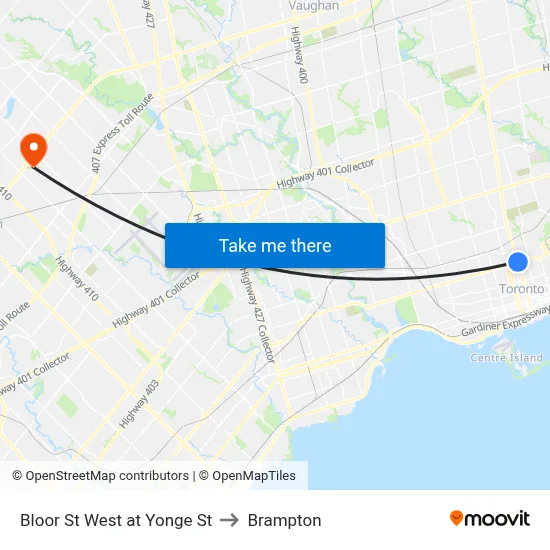 Bloor St West at Yonge St to Brampton map
