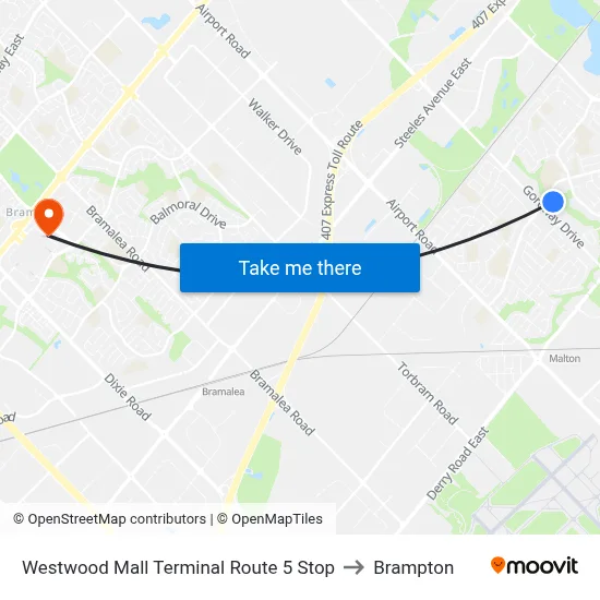 Westwood Mall Terminal Route 5 Stop to Brampton map