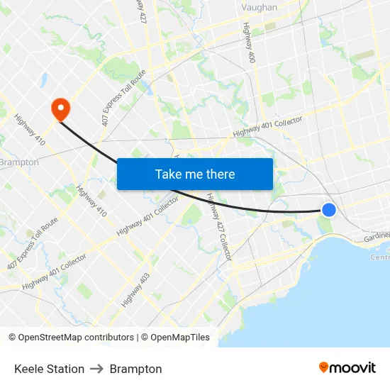 Keele Station to Brampton map