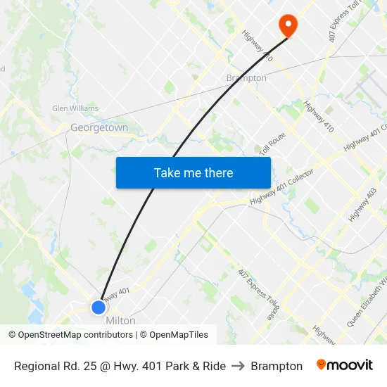 Regional Rd. 25 @ Hwy. 401 Park & Ride to Brampton map