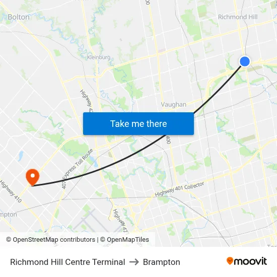 Richmond Hill Centre Terminal to Brampton map