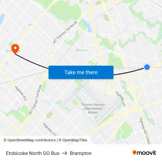 Etobicoke North GO Bus to Brampton map