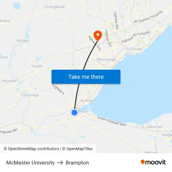 McMaster University to Brampton map
