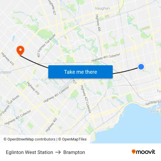 Eglinton West Station to Brampton map