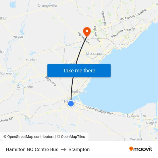 Hamilton GO Centre Bus to Brampton map