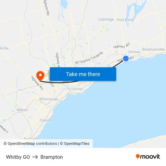 Whitby GO to Brampton map