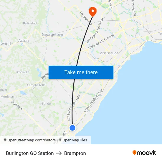 Burlington GO Station to Brampton map