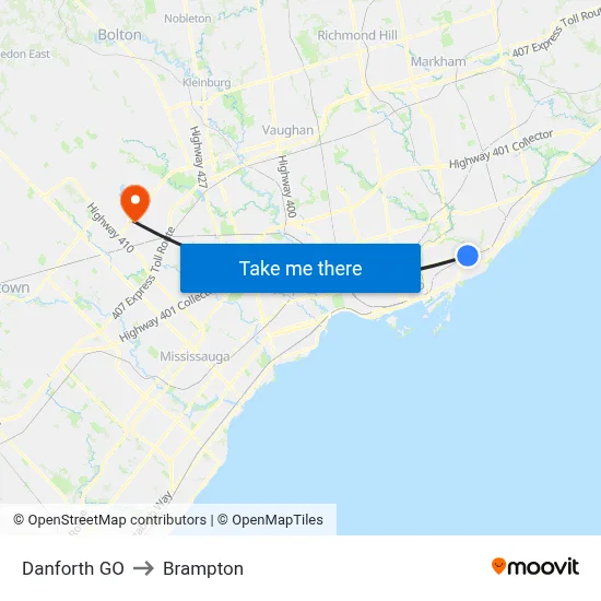 Danforth GO to Brampton map