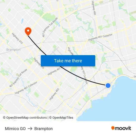 Mimico GO to Brampton map