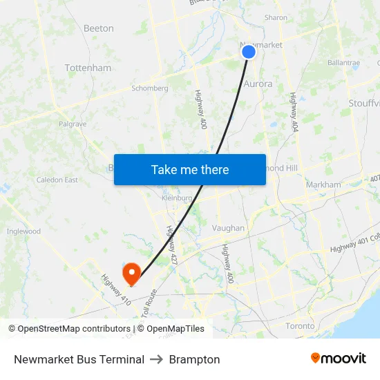 Newmarket Bus Terminal to Brampton map