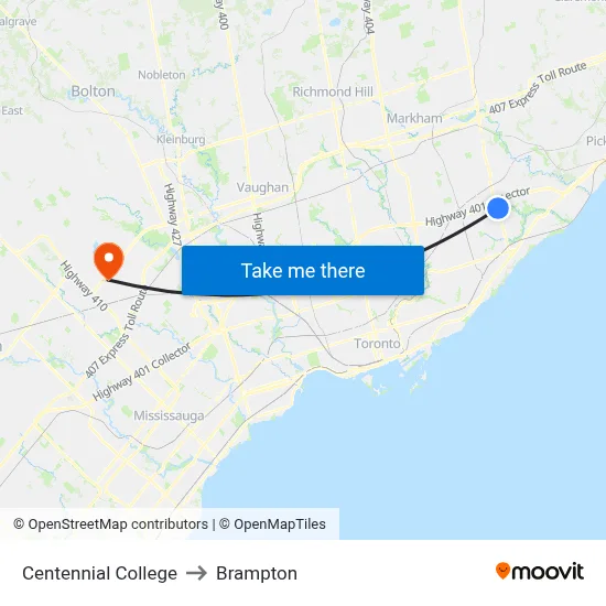 Centennial College to Brampton map