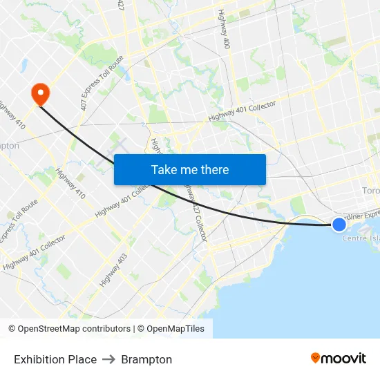 Exhibition Place to Brampton map