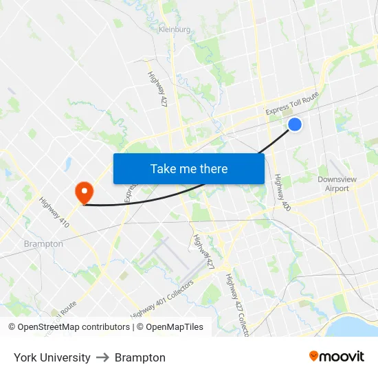 York University to Brampton map