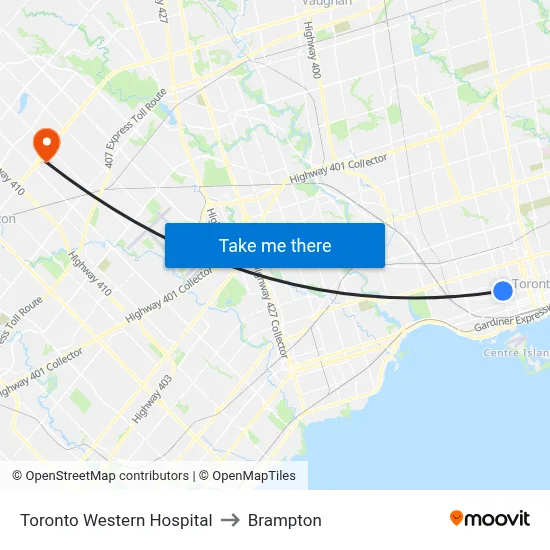 Toronto Western Hospital to Brampton map
