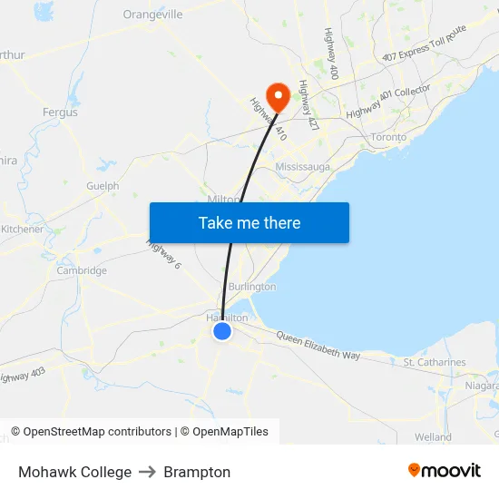 Mohawk College to Brampton map
