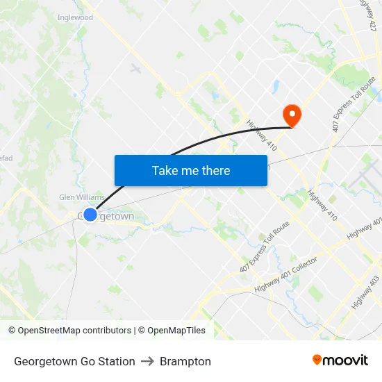 Georgetown Go Station to Brampton map