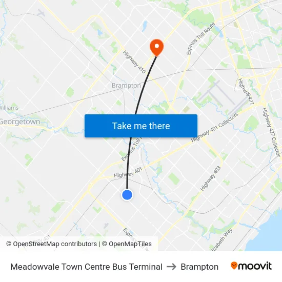 Meadowvale Town Centre Bus Terminal to Brampton map