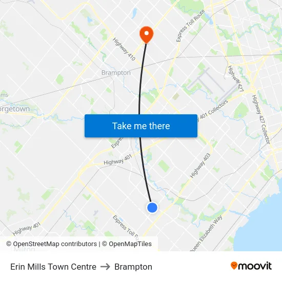 Erin Mills Town Centre to Brampton map