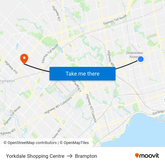 Yorkdale Shopping Centre to Brampton map