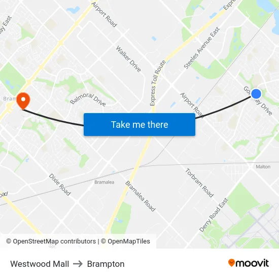 Westwood Mall to Brampton map