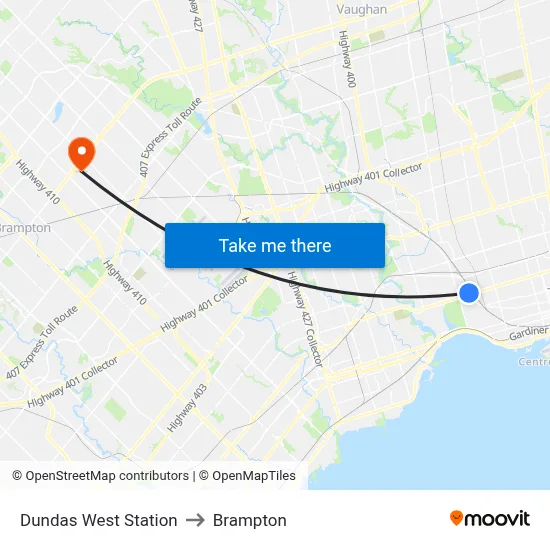Dundas West Station to Brampton map