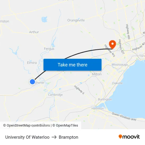 University Of Waterloo to Brampton map