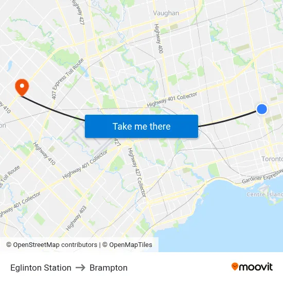 Eglinton Station to Brampton map