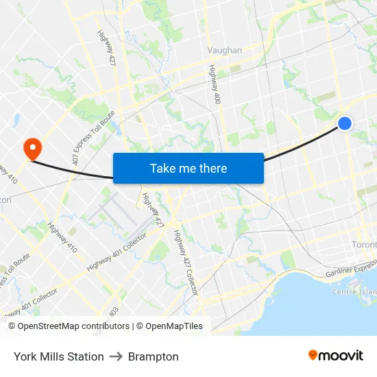 York Mills Station to Brampton map