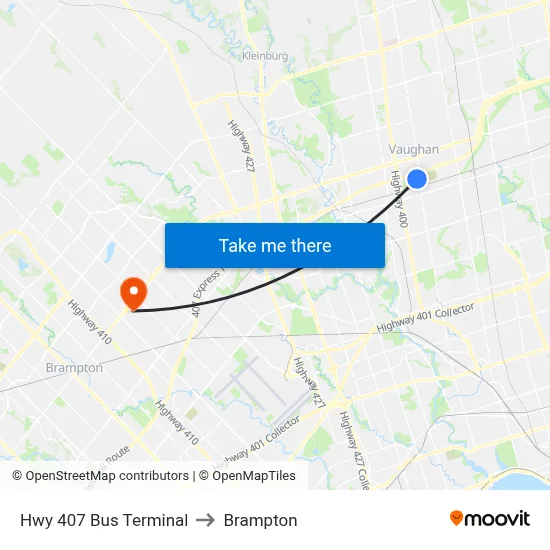 Hwy 407 Bus Terminal to Brampton map