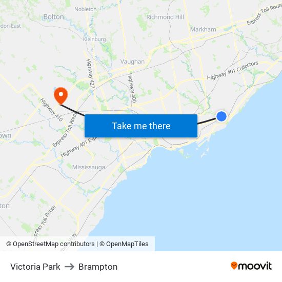 Victoria Park to Brampton map