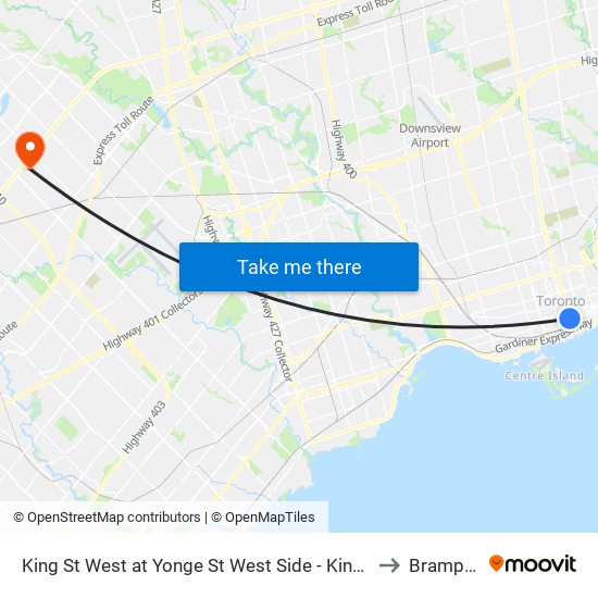 King St West at Yonge St West Side - King Station to Brampton map