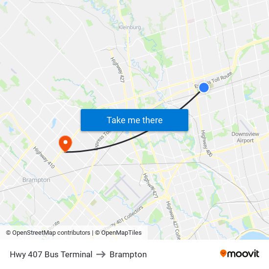 Hwy 407 Bus Terminal to Brampton map